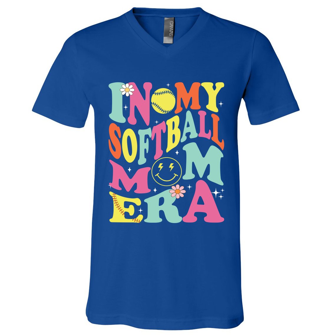 In My Softball Mom Era Retro Groovy Mom Life Game Day Gift V-Neck T-Shirt