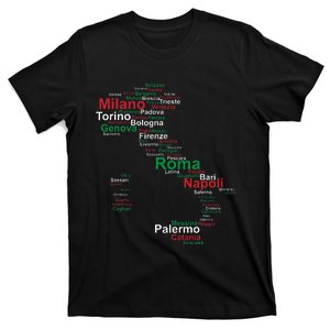 Italy Map Silhouette Flag Towns Cities Rome Travel Europe T-Shirt