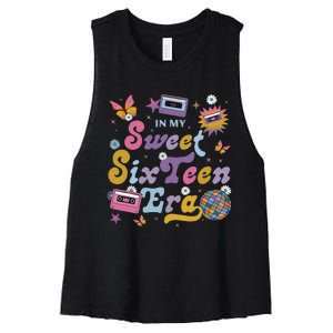 In My Sweet Sixteen E.ra Groovy Retro 16th Birthday Women's Racerback Cropped Tank