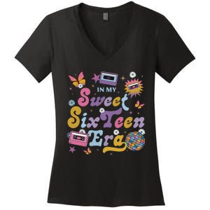 In My Sweet Sixteen E.ra Groovy Retro 16th Birthday Women's V-Neck T-Shirt