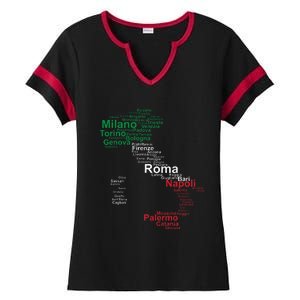 Italy Map Silhouette Flag Towns Cities Rome Travel Europe Ladies Halftime Notch Neck Tee