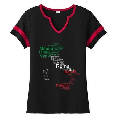 Italy Map Silhouette Flag Towns Cities Rome Travel Europe Ladies Halftime Notch Neck Tee