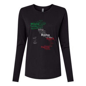 Italy Map Silhouette Flag Towns Cities Rome Travel Europe Womens Cotton Relaxed Long Sleeve T-Shirt