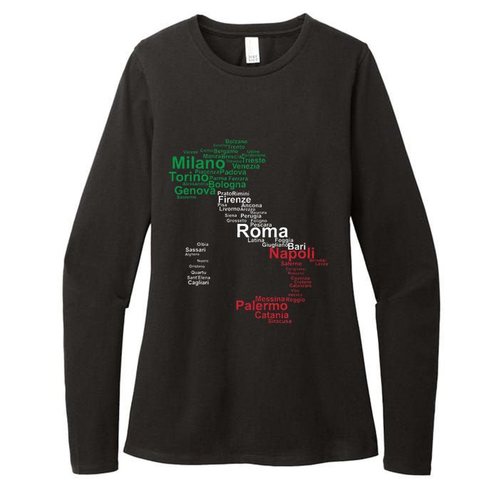 Italy Map Silhouette Flag Towns Cities Rome Travel Europe Womens CVC Long Sleeve Shirt