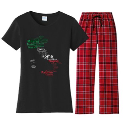 Italy Map Silhouette Flag Towns Cities Rome Travel Europe Women's Flannel Pajama Set