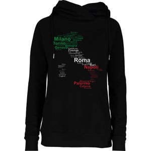 Italy Map Silhouette Flag Towns Cities Rome Travel Europe Womens Funnel Neck Pullover Hood