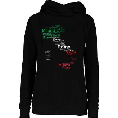 Italy Map Silhouette Flag Towns Cities Rome Travel Europe Womens Funnel Neck Pullover Hood