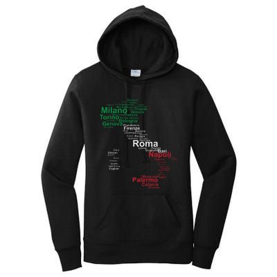 Italy Map Silhouette Flag Towns Cities Rome Travel Europe Women's Pullover Hoodie