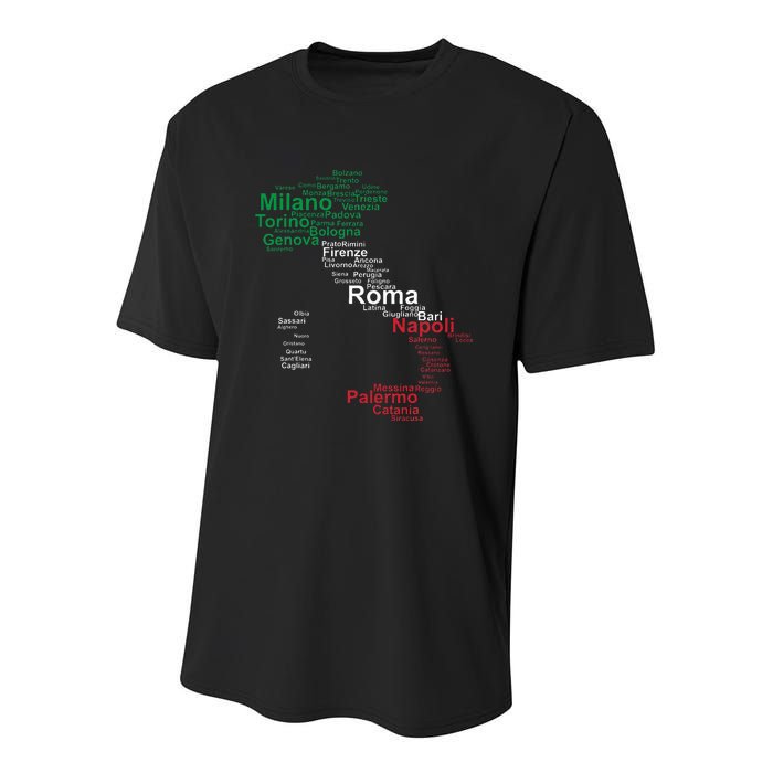 Italy Map Silhouette Flag Towns Cities Rome Travel Europe Youth Performance Sprint T-Shirt