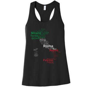 Italy Map Silhouette Flag Towns Cities Rome Travel Europe Women's Racerback Tank