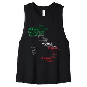 Italy Map Silhouette Flag Towns Cities Rome Travel Europe Women's Racerback Cropped Tank