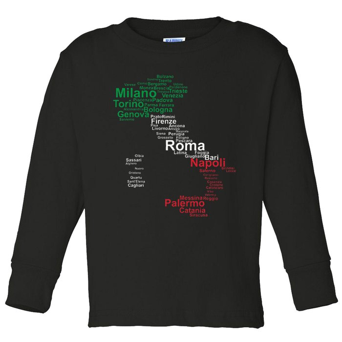 Italy Map Silhouette Flag Towns Cities Rome Travel Europe Toddler Long Sleeve Shirt