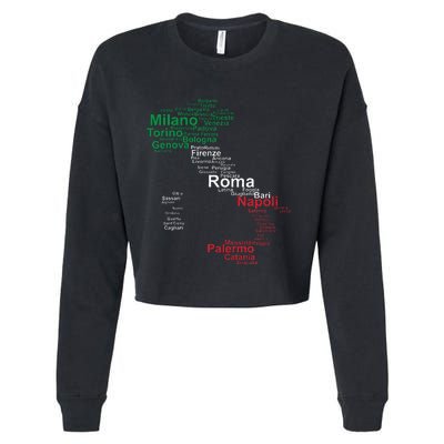 Italy Map Silhouette Flag Towns Cities Rome Travel Europe Cropped Pullover Crew