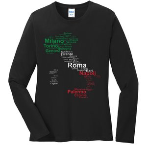 Italy Map Silhouette Flag Towns Cities Rome Travel Europe Ladies Long Sleeve Shirt