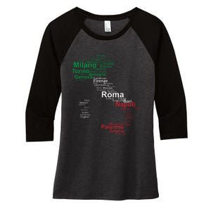 Italy Map Silhouette Flag Towns Cities Rome Travel Europe Women's Tri-Blend 3/4-Sleeve Raglan Shirt