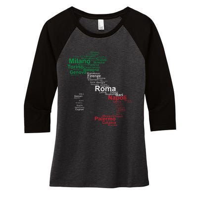 Italy Map Silhouette Flag Towns Cities Rome Travel Europe Women's Tri-Blend 3/4-Sleeve Raglan Shirt