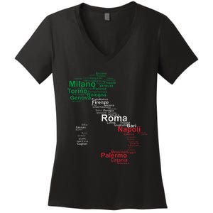 Italy Map Silhouette Flag Towns Cities Rome Travel Europe Women's V-Neck T-Shirt