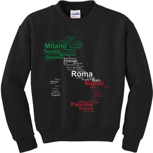 Italy Map Silhouette Flag Towns Cities Rome Travel Europe Kids Sweatshirt