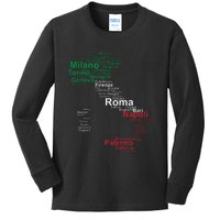 Italy Map Silhouette Flag Towns Cities Rome Travel Europe Kids Long Sleeve Shirt