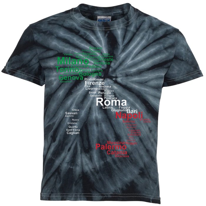 Italy Map Silhouette Flag Towns Cities Rome Travel Europe Kids Tie-Dye T-Shirt