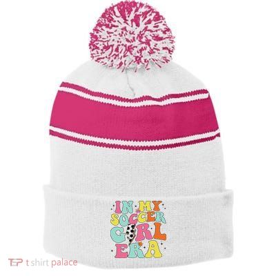In My Soccer Girl Era Retro Groovy Soccer Girl Stripe Pom Pom Beanie