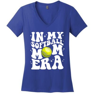 In My Softball Mom Era Retro Groovy Softball Mama Gift Women's V-Neck T-Shirt