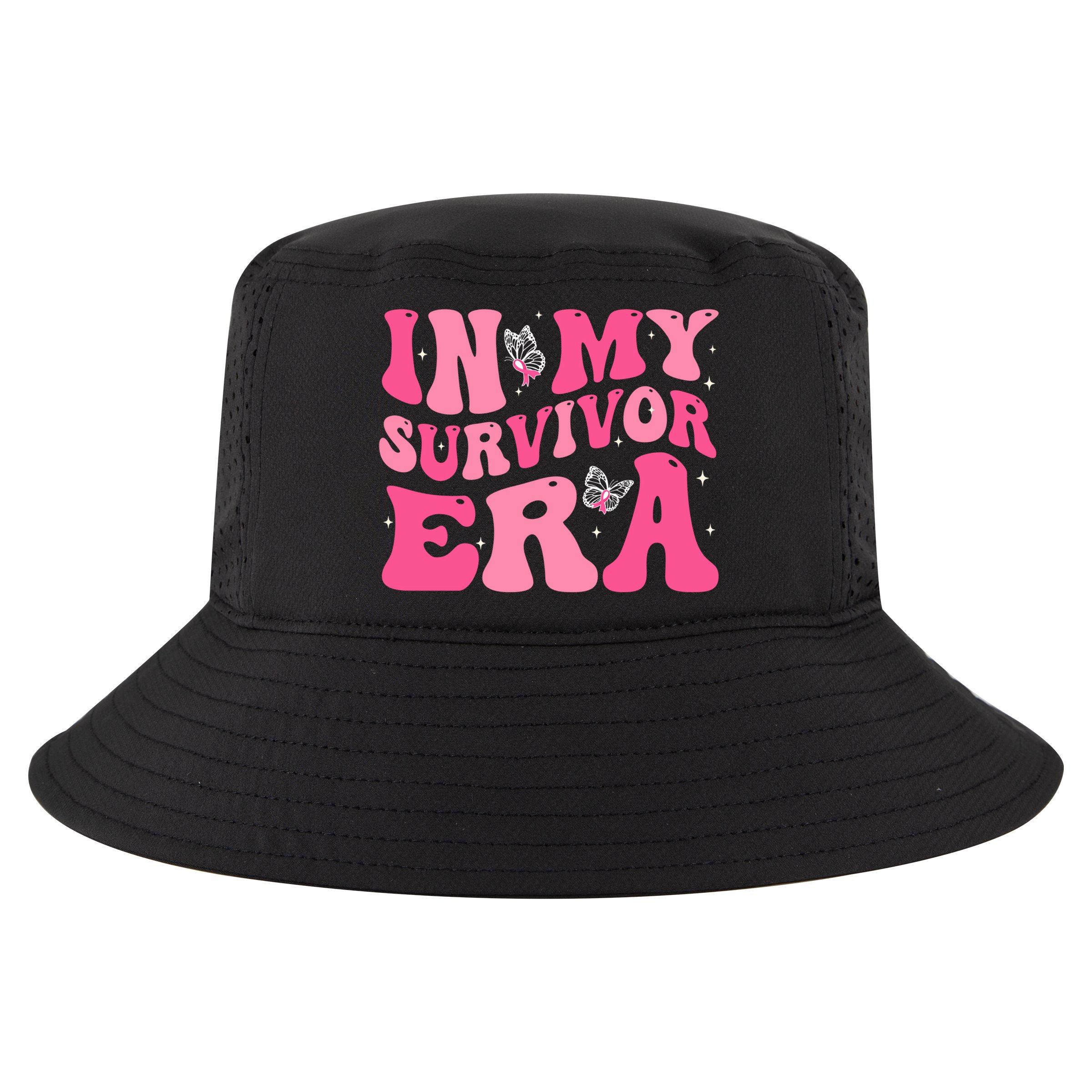 In My Survivor Era Groovy Retro Pink Breast Cancer Awareness Meaningful Gift Cool Comfort Performance Bucket Hat