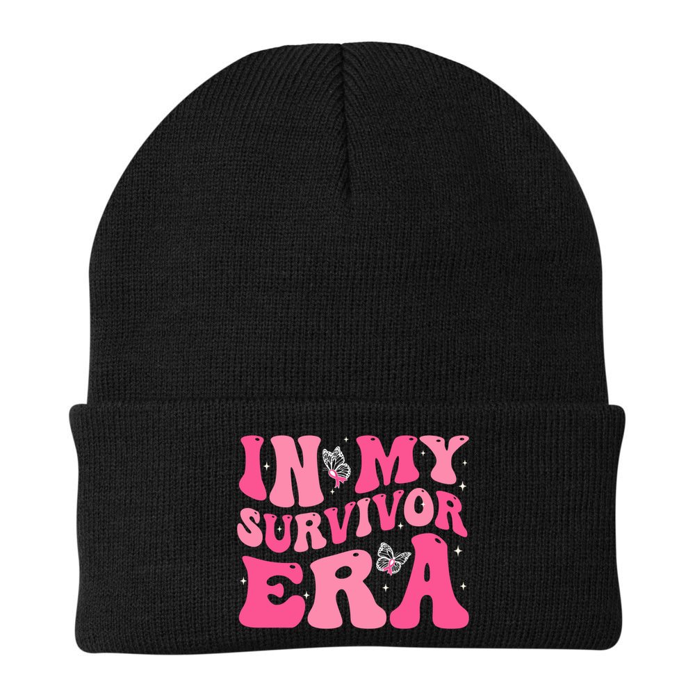 In My Survivor Era Groovy Retro Pink Breast Cancer Awareness Meaningful Gift Beanie