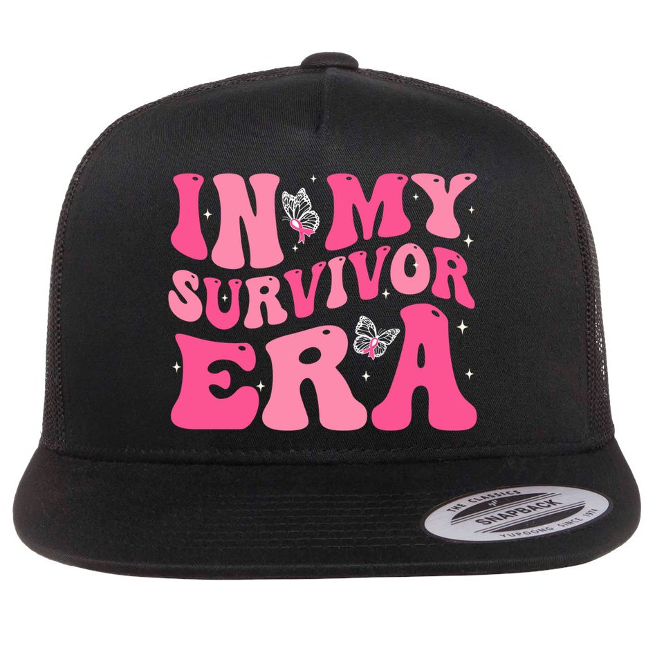 In My Survivor Era Groovy Retro Pink Breast Cancer Awareness Meaningful Gift Flat Bill Trucker Hat
