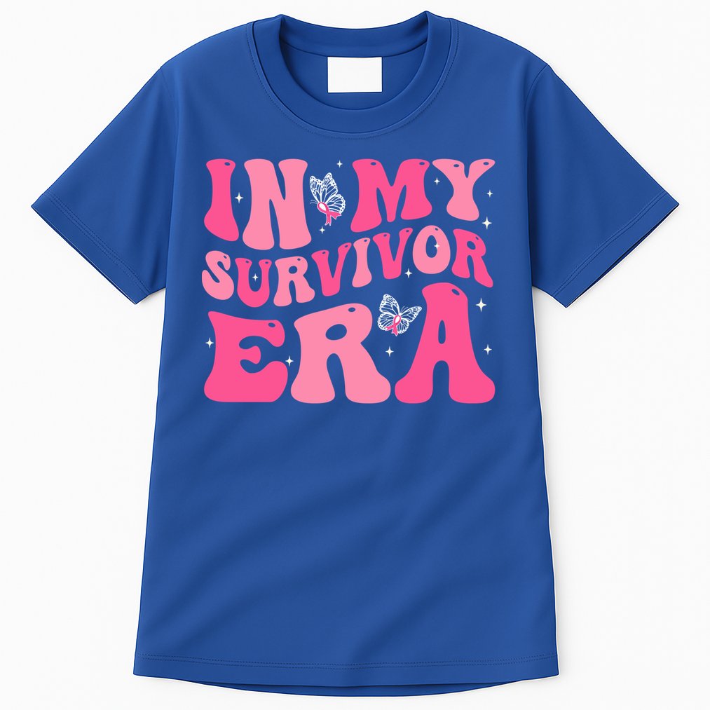 In My Survivor Era Groovy Retro Pink Breast Cancer Awareness Meaningful Gift Tall T-Shirt