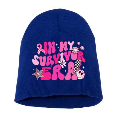 In My Survivor Era Pink Groovy Retro Breast Cancer Awareness Gift Short Acrylic Beanie