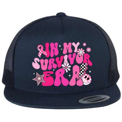 In My Survivor Era Pink Groovy Retro Breast Cancer Awareness Gift Flat Bill Trucker Hat