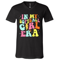 In My Softball Girl Era Retro Groovy Softball Girl V-Neck T-Shirt