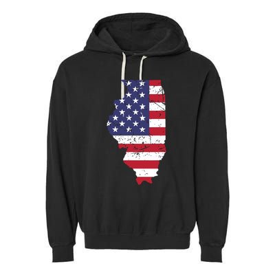 Illinois Map State American Flag 4th Of July Pride Garment-Dyed Fleece Hoodie