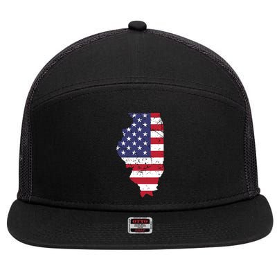 Illinois Map State American Flag 4th Of July Pride 7 Panel Mesh Trucker Snapback Hat