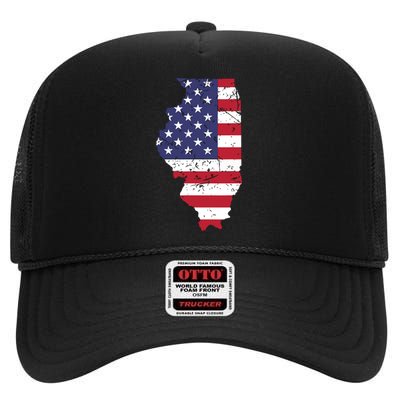 Illinois Map State American Flag 4th Of July Pride High Crown Mesh Back Trucker Hat