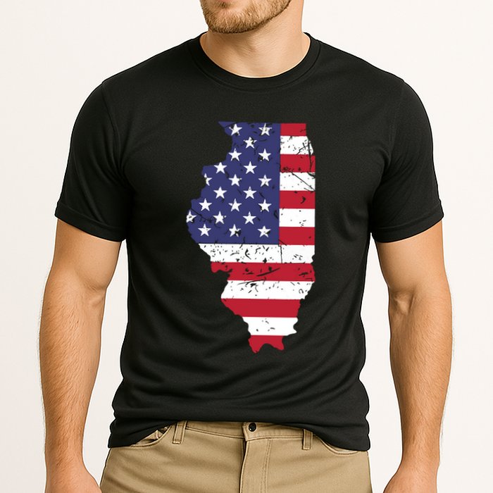 Illinois Map State American Flag 4th Of July Pride Cooling Performance Crew T-Shirt