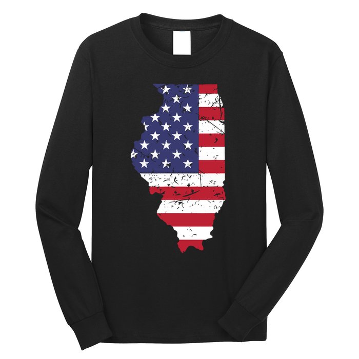 Illinois Map State American Flag 4th Of July Pride Long Sleeve Shirt