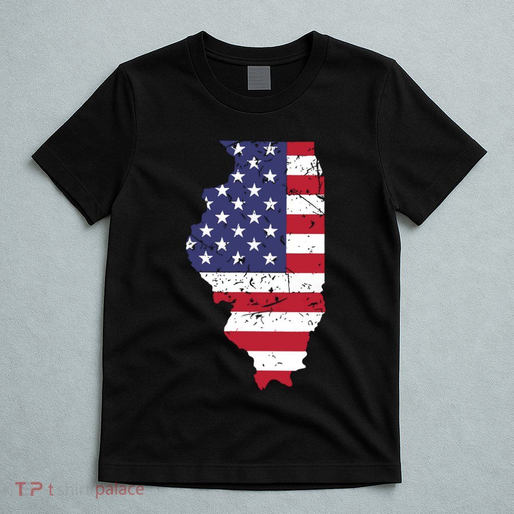 Illinois Map State American Flag 4th Of July Pride T-Shirt