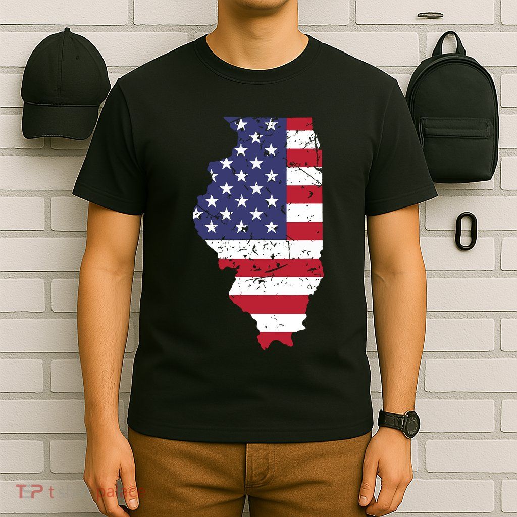 Illinois Map State American Flag 4th Of July Pride T-Shirt
