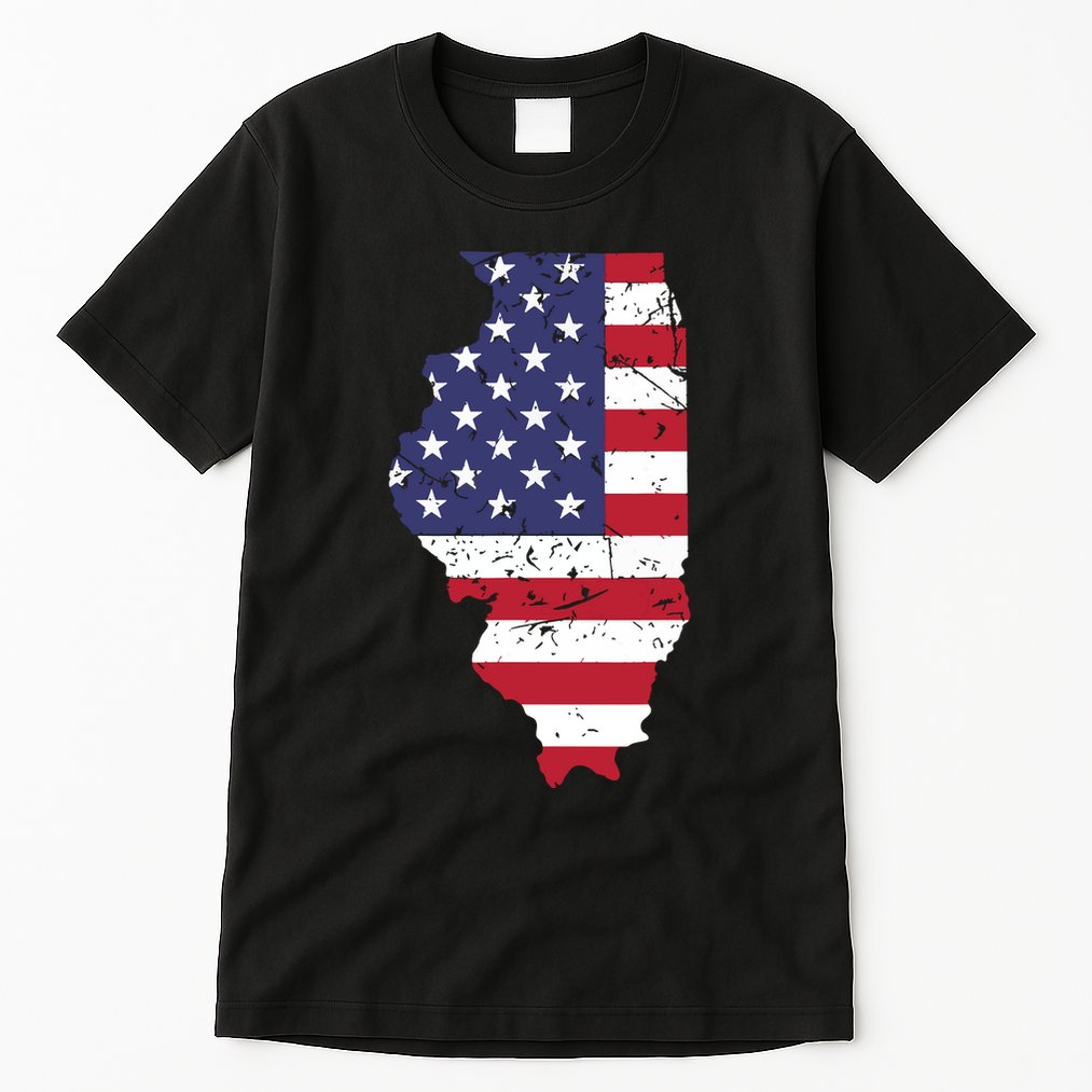 Illinois Map State American Flag 4th Of July Pride Tall T-Shirt