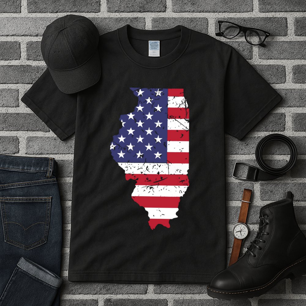 Illinois Map State American Flag 4th Of July Pride Tall T-Shirt