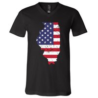 Illinois Map State American Flag 4th Of July Pride V-Neck T-Shirt
