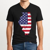 Illinois Map State American Flag 4th Of July Pride V-Neck T-Shirt