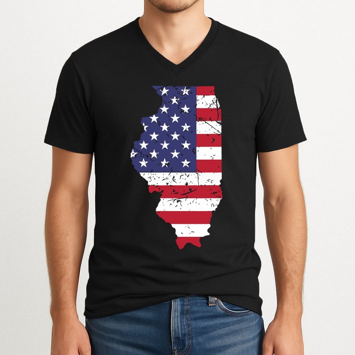 Illinois Map State American Flag 4th Of July Pride V-Neck T-Shirt