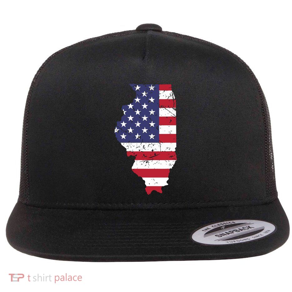Illinois Map State American Flag 4th Of July Pride Flatbill Hat