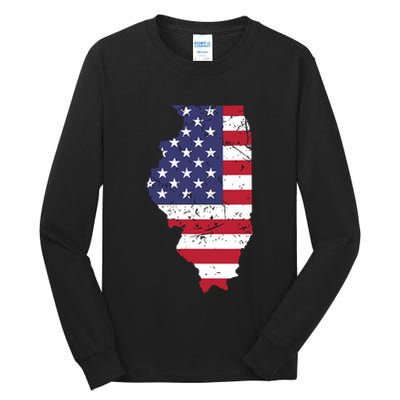 Illinois Map State American Flag 4th Of July Pride Tall Long Sleeve T-Shirt