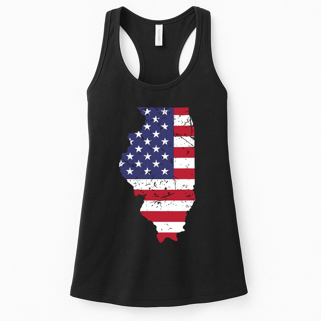 Illinois Map State American Flag 4th Of July Pride Womens Tank Top