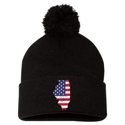 Illinois Map State American Flag 4th Of July Pride Pom Pom 12in Knit Beanie