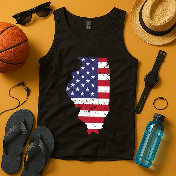 Illinois Map State American Flag 4th Of July Pride Tank Top